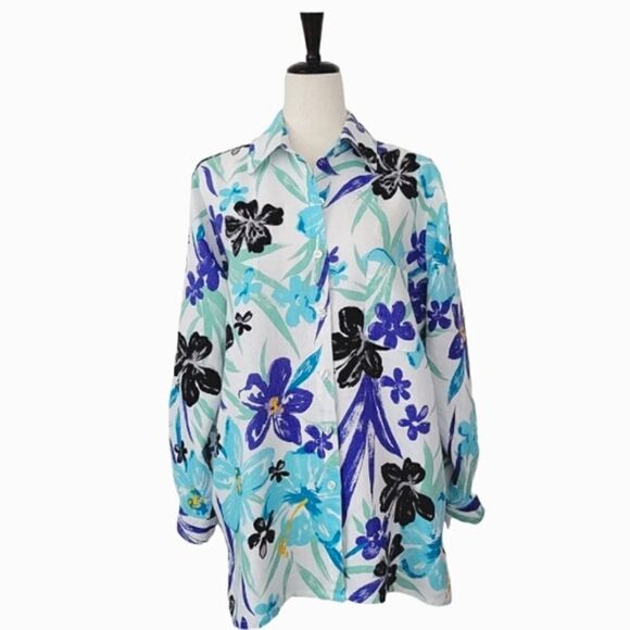 Avenue By Jessica London Floral Linen Button Down Long Sleeve Shirt Size 14/16 - Picture 1 of 8